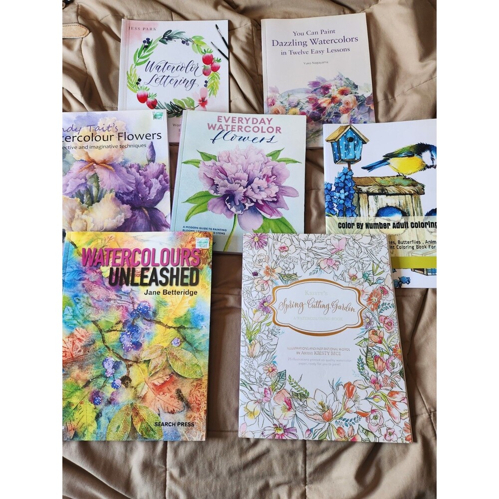 Watercolor Painting Book Lot of 7 – Flowers, Lettering, Technique NEW